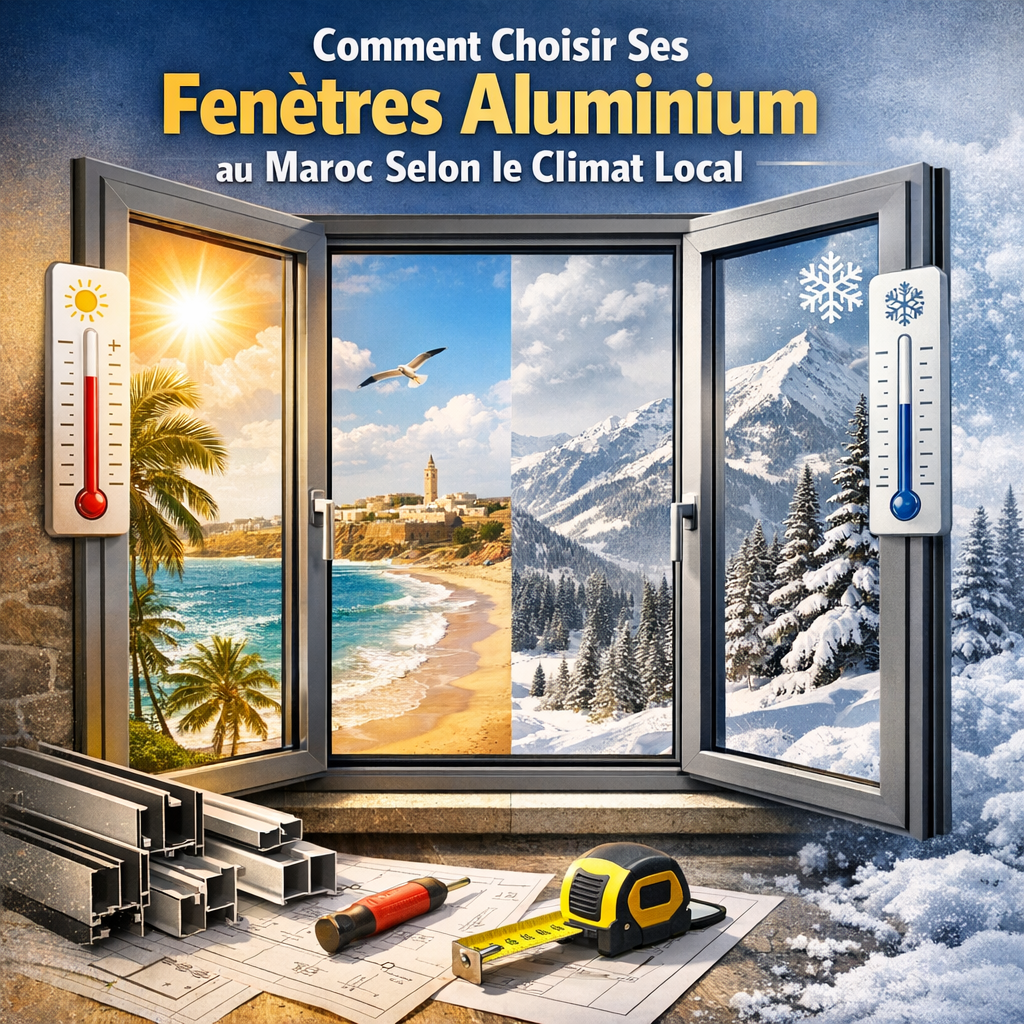 Diagram showing different Moroccan cities with climate icons and aluminum window features for thermal and sound insulation.