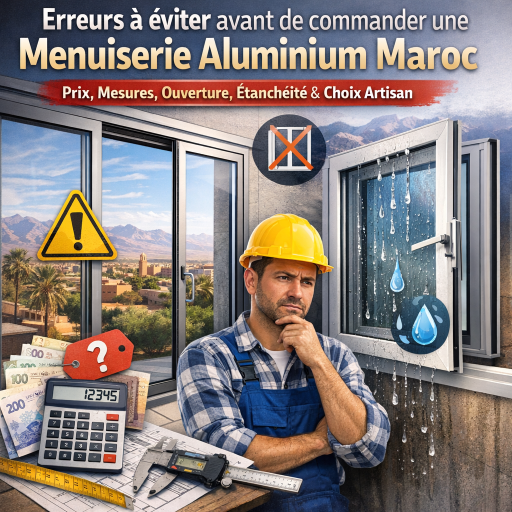 Infographic listing key errors to avoid when ordering aluminum joinery in Morocco: price, measurements, opening, sealing, and