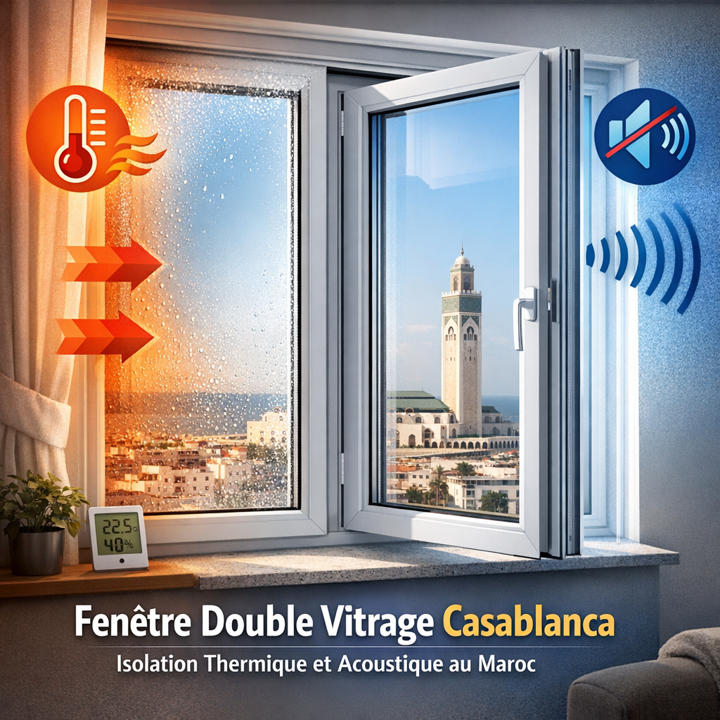 Fenêtre double vitrage moderne à Casablanca offrant isolation thermique et acoustique efficace, avec cadre en aluminium.