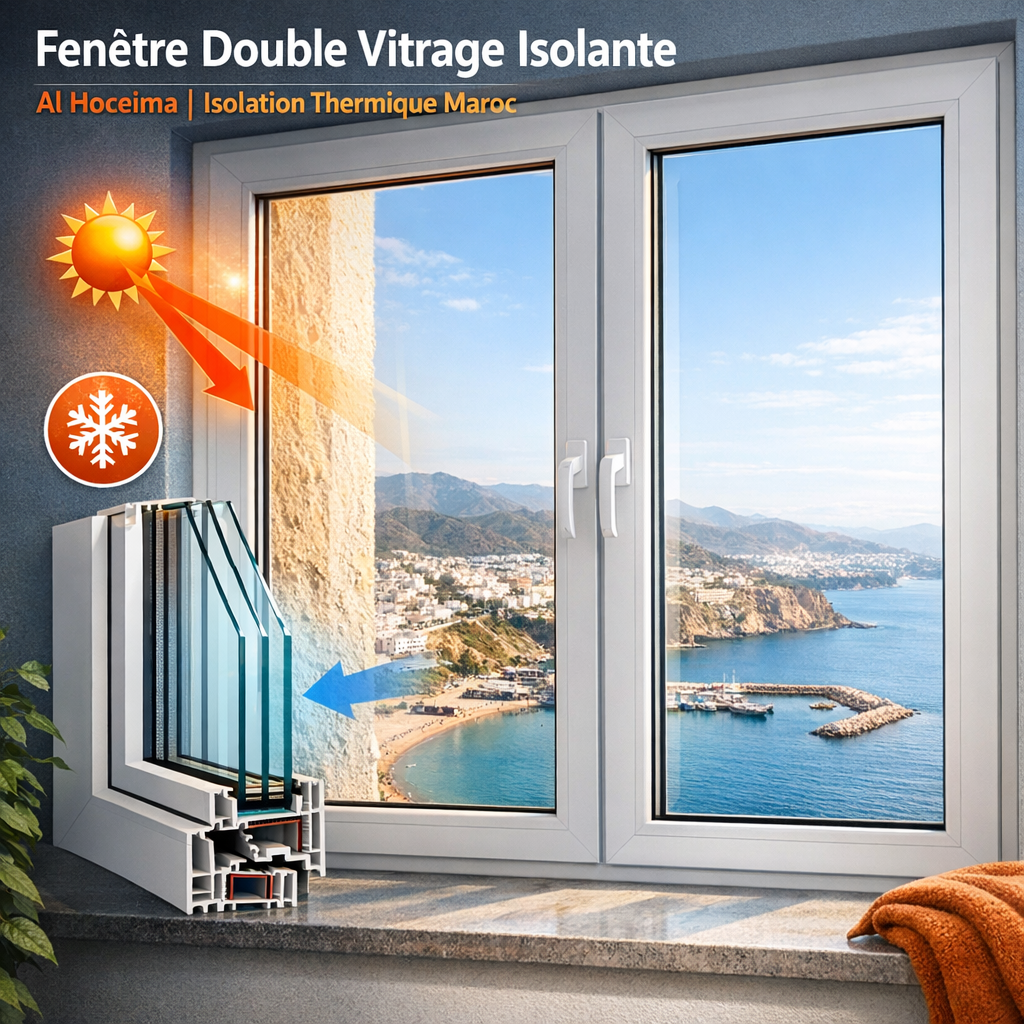 Fenêtre double vitrage isolante en PVC avec cadre aluminium pour isolation thermique à Al Hoceima, Maroc.