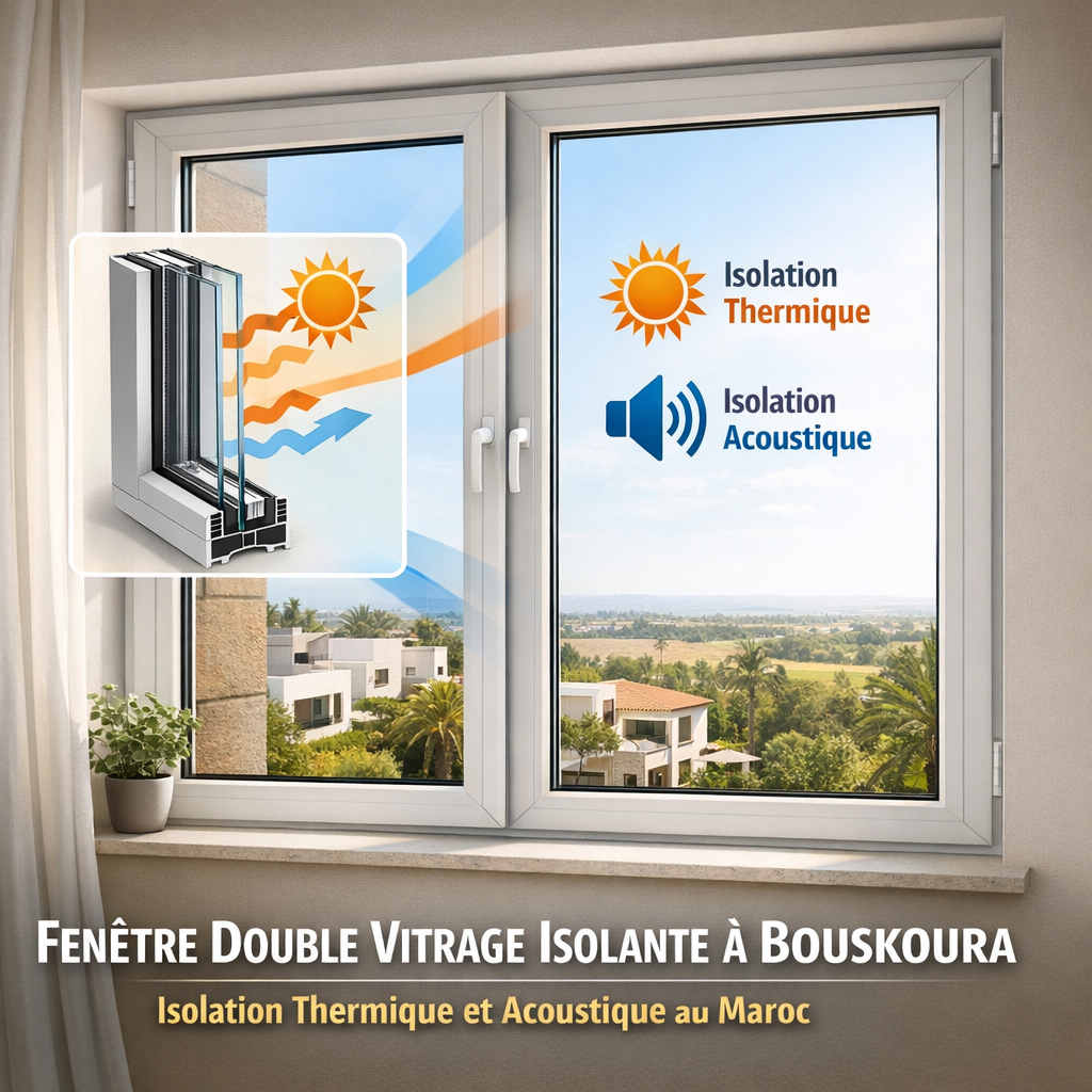 Fenêtre double vitrage isolante à Bouskoura assurant isolation thermique et acoustique avec cadre en PVC ou aluminium.