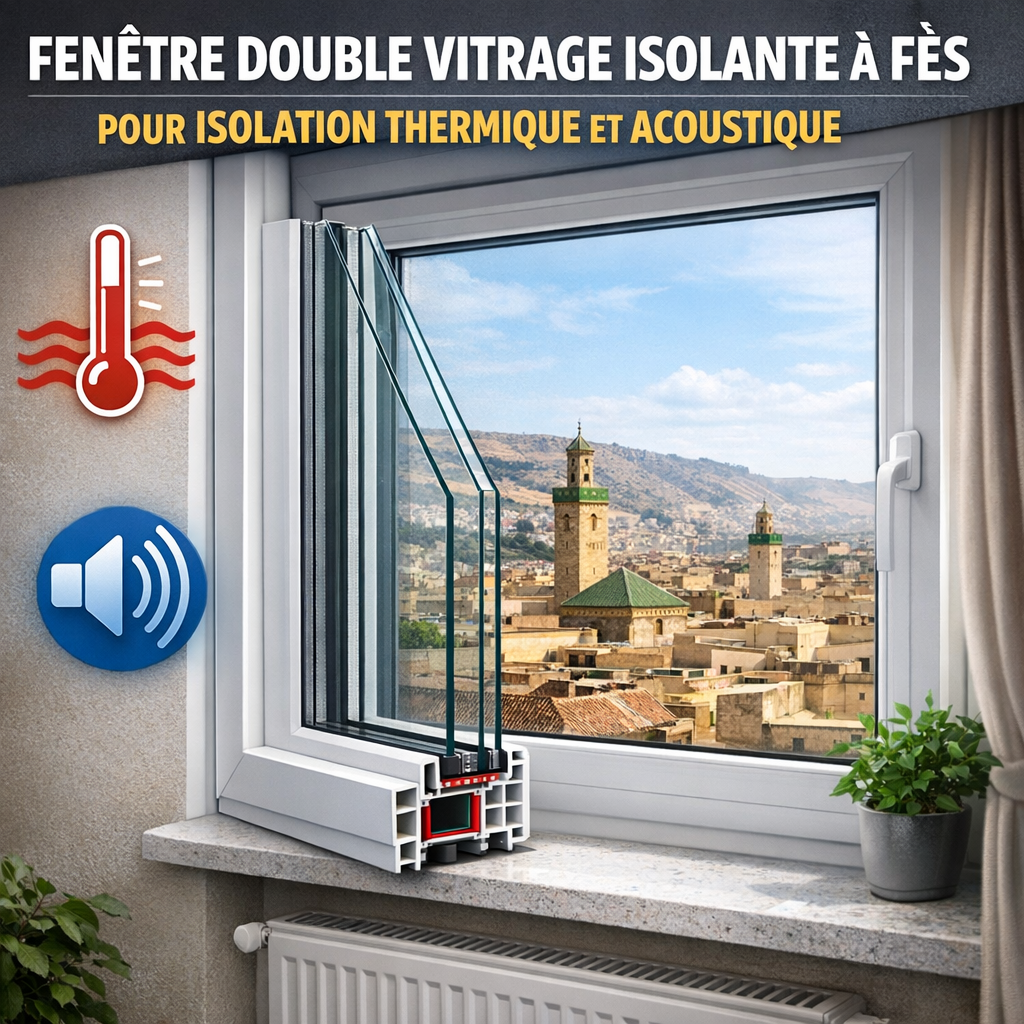 Fenêtre double vitrage isolante en PVC à Fès, offrant isolation thermique et acoustique, style moderne et durable.
