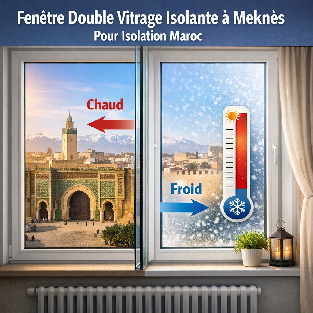 Fenêtre double vitrage isolante à Meknès, avec cadre en PVC et vue sur paysage urbain, pour une meilleure isolation thermique
