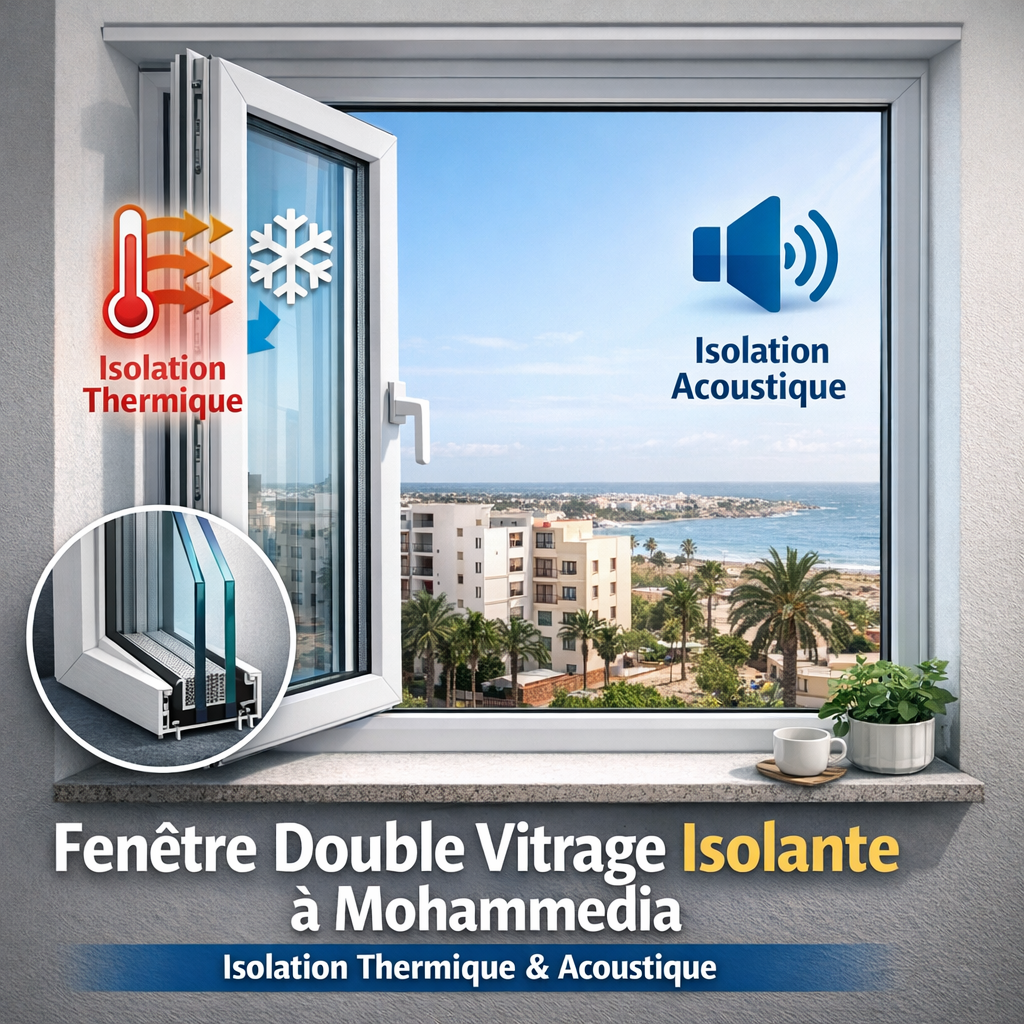 Fenêtre double vitrage isolante à Mohammedia en menuiserie PVC, offrant isolation thermique et acoustique efficace.