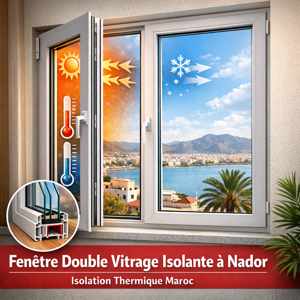 Fenêtre double vitrage isolante moderne en PVC avec vue sur paysage, améliorant isolation thermique à Nador, Maroc.