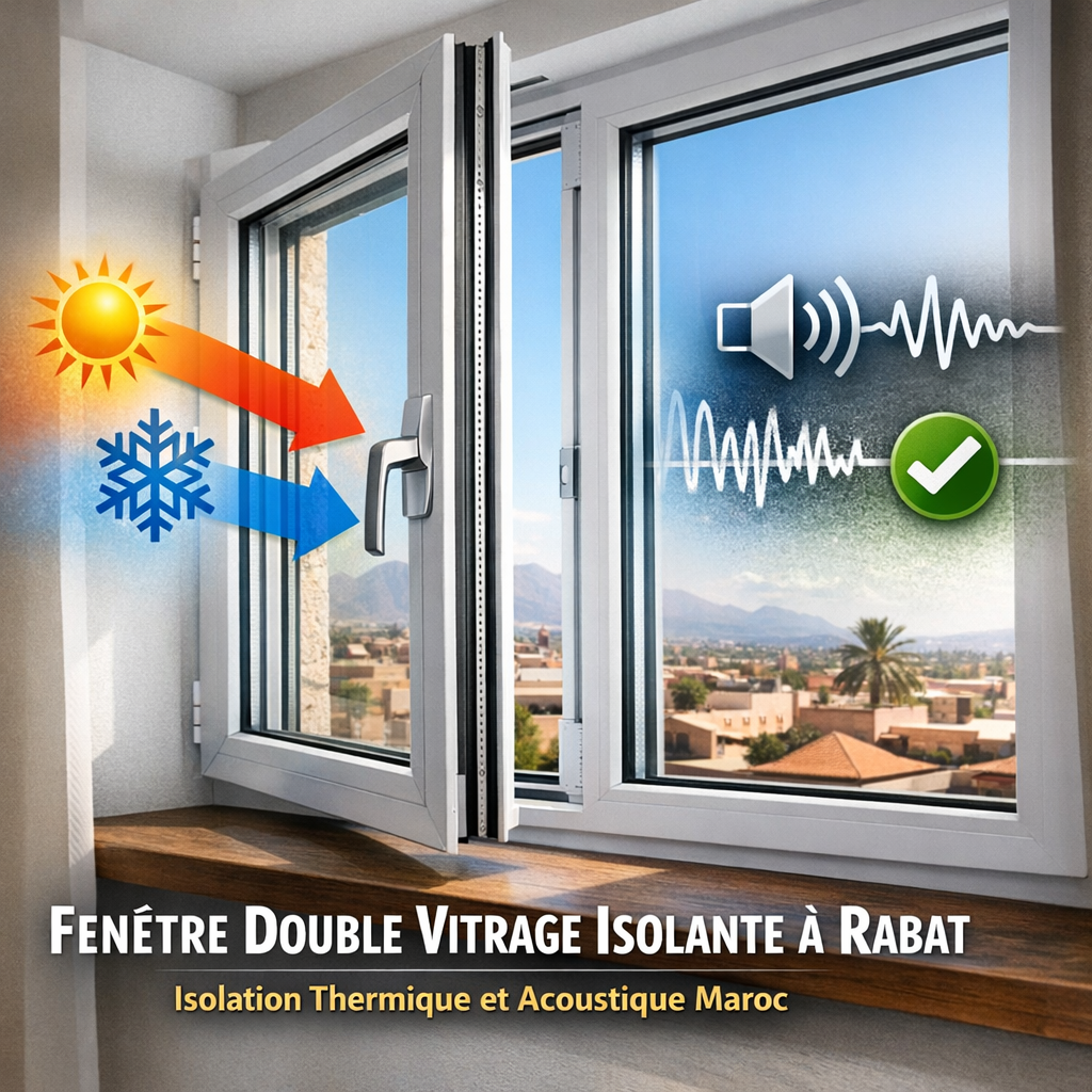 Fenêtre moderne à double vitrage isolante à Rabat offrant isolation thermique et acoustique, avec cadre en PVC ou aluminiu