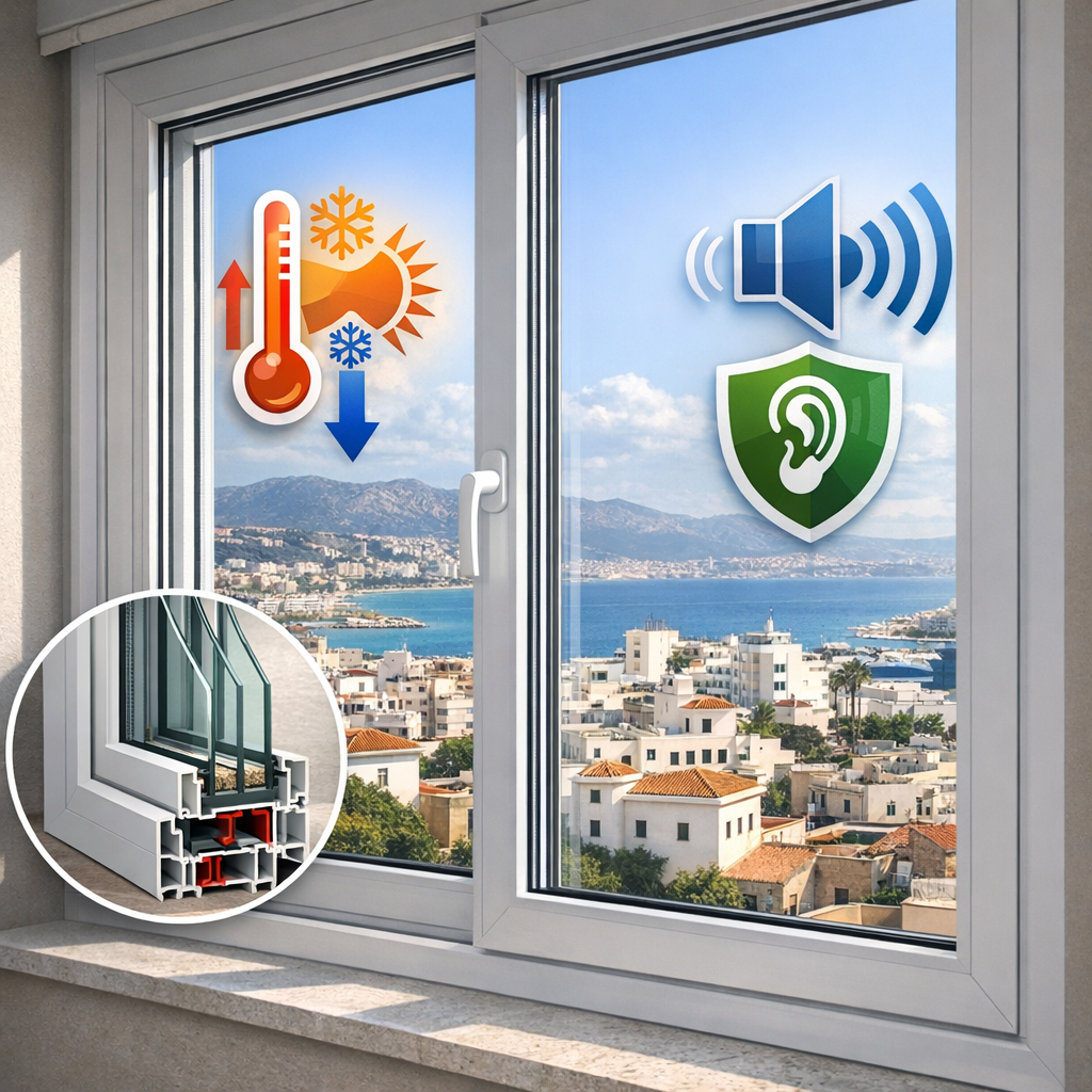 Double-glazed insulating window overlooking a coastal city, highlighting thermal and acoustic insulation features.