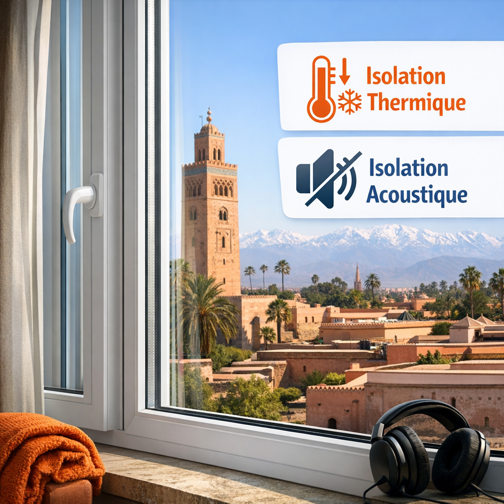 Fenêtre double vitrage à Marrakech avec vue urbaine, illustrant isolation thermique et acoustique efficace.