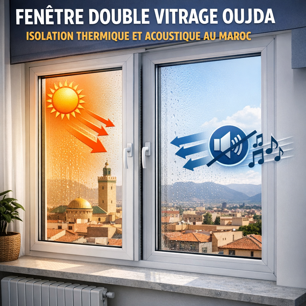 Fenêtre en PVC à double vitrage à Oujda, Maroc, offrant isolation thermique et acoustique optimale.