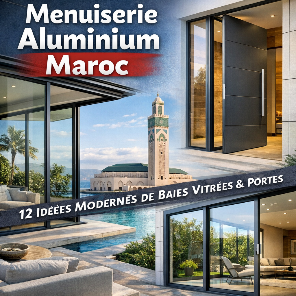 Modern aluminum joinery in Morocco showcasing 12 stylish glass bays and door designs with sleek frames and large windows.