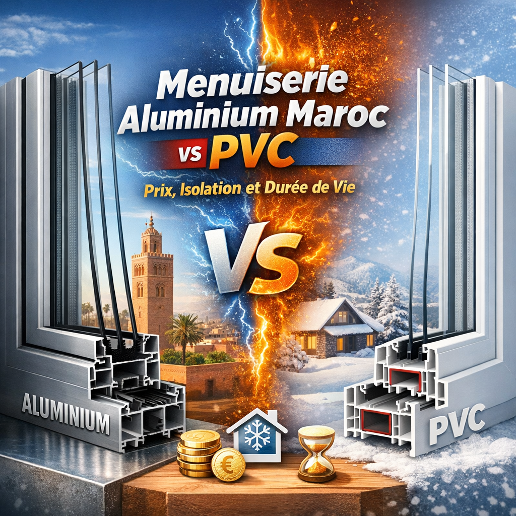 Comparison chart showing aluminum vs PVC window frames in Morocco by price, insulation, and durability.