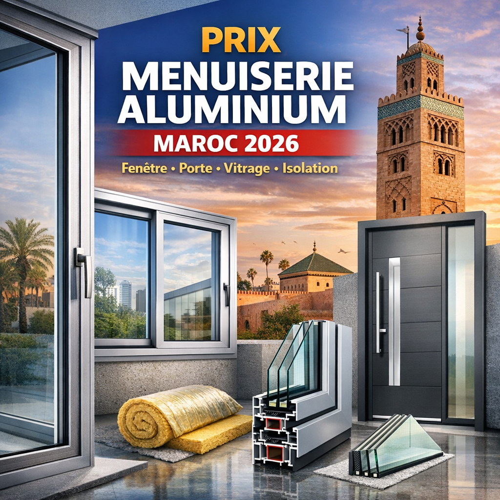 Tableau des prix 2026 de menuiserie aluminium au Maroc pour fenêtres, portes, vitrage et isolation thermique.